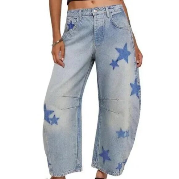 Star Contrast Pattern Light Wash Baggy Weekend Barrel Style Jeans Pants - Picture 5 of 6
